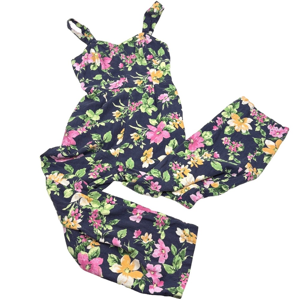 Old Navy Floral Fit & Flare Cami Jumpsuit Womens Sz S Blue Pink Green Linen Blen